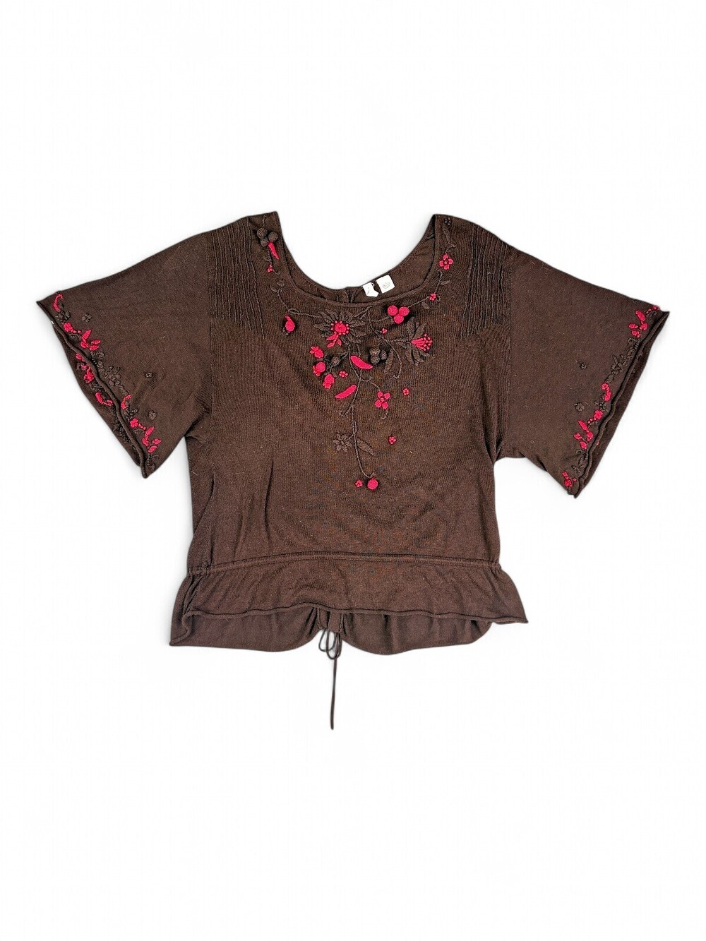 Moth Embroidered Brown Floral Peplum Top Size M